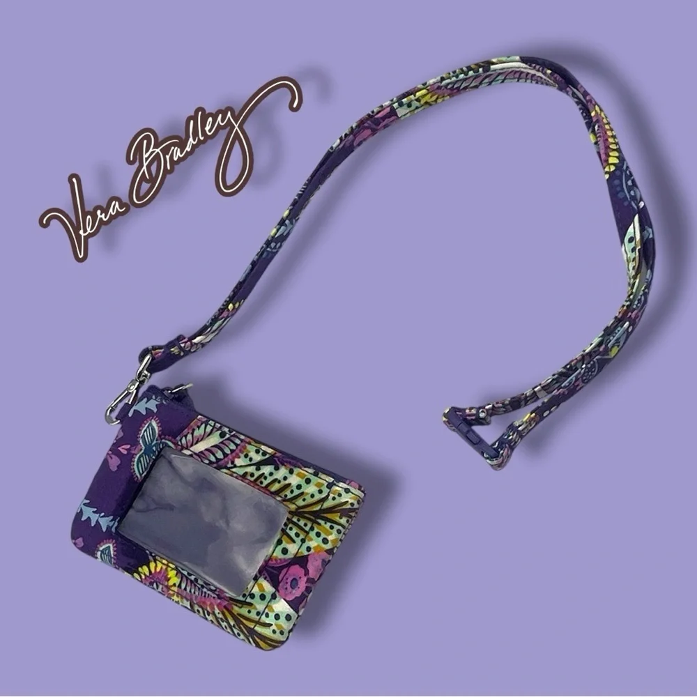 Vera Bradley Batik Leaves Floral Card Holder ID Lanyard - Purple and Yellow
